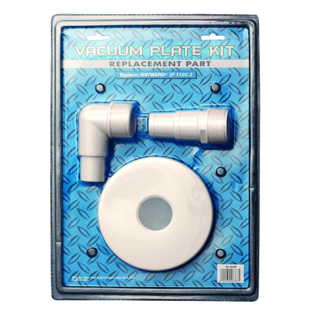SPD Vacuum Plate with Elbow Hayward SP 1105-1/SP 1105-2 kit for above-ground pools includes a round white Skim-Vac plate, white elbow connector, and threaded adapter in plastic packaging with product details on a blue background.