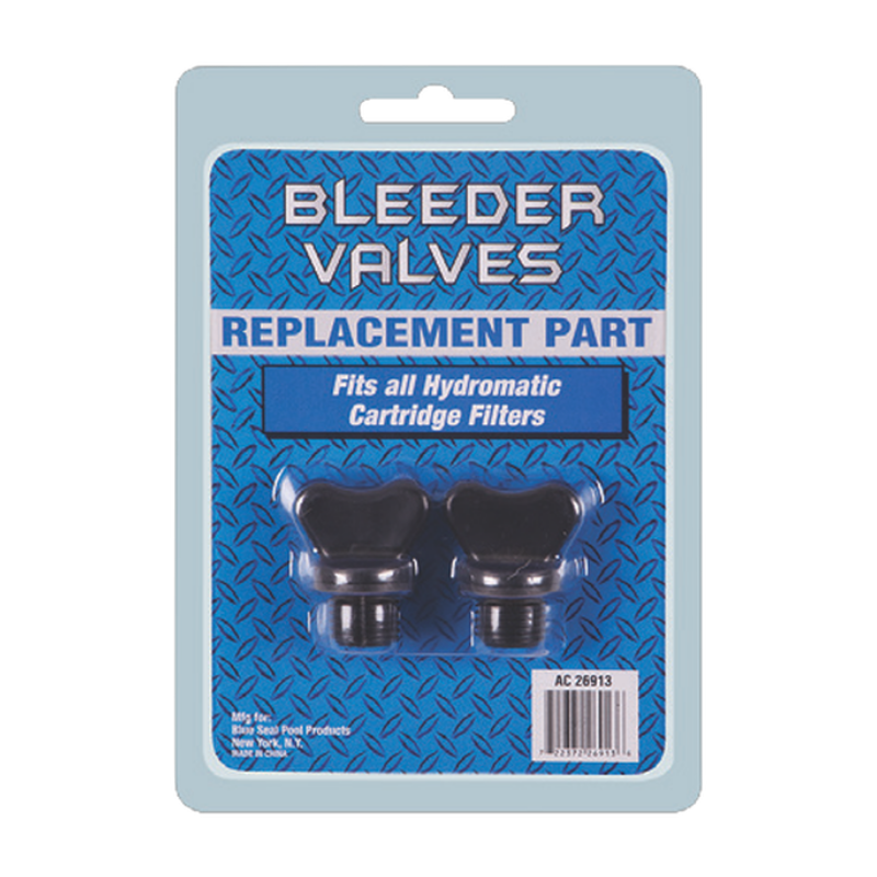 The SPD Black Diamond Filter Bleeder Valves (2-pack) are compatible with Hydromatic and other cartridge filters. The retail package features a blue patterned background and contains two black valves for easy replacement.