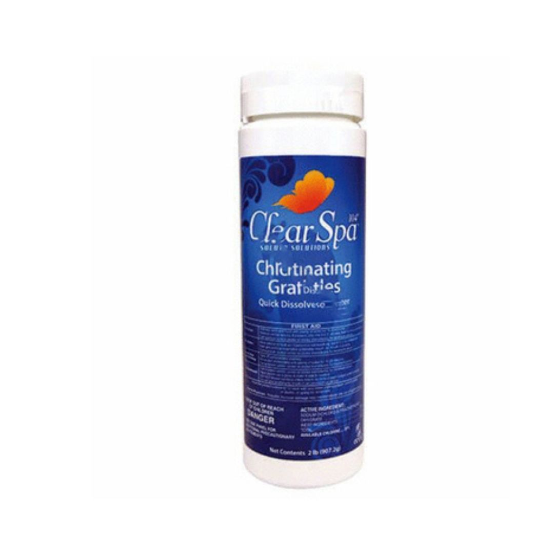 A tall white container of SPD Clear Spa Chlorinating Granular, featuring a blue label with an orange leaf design, used for sanitizing and cleaning spa or hot tub water.