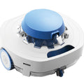 The SPD Finn Rechargeable Cordless Robotic Pool Cleaner features a white and blue design with a circular top, side wheels, and small front intake opening for automated swimming pool cleaning.