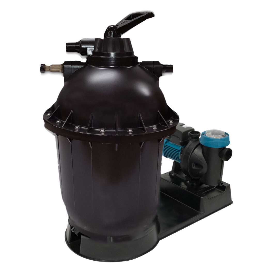 The Lomart Sequel 16" DE Filter System features a large black cylindrical tank, top handle, side pipes, and an energy-saving 1.5 HP Espa pump (115V) for efficient pool filtration.