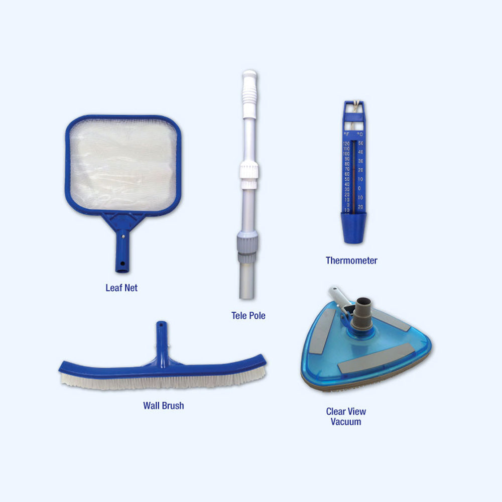 swimming pool maintenance kit with pole, thermometer, leaf net, wall brush, clear vacuum head and hose.