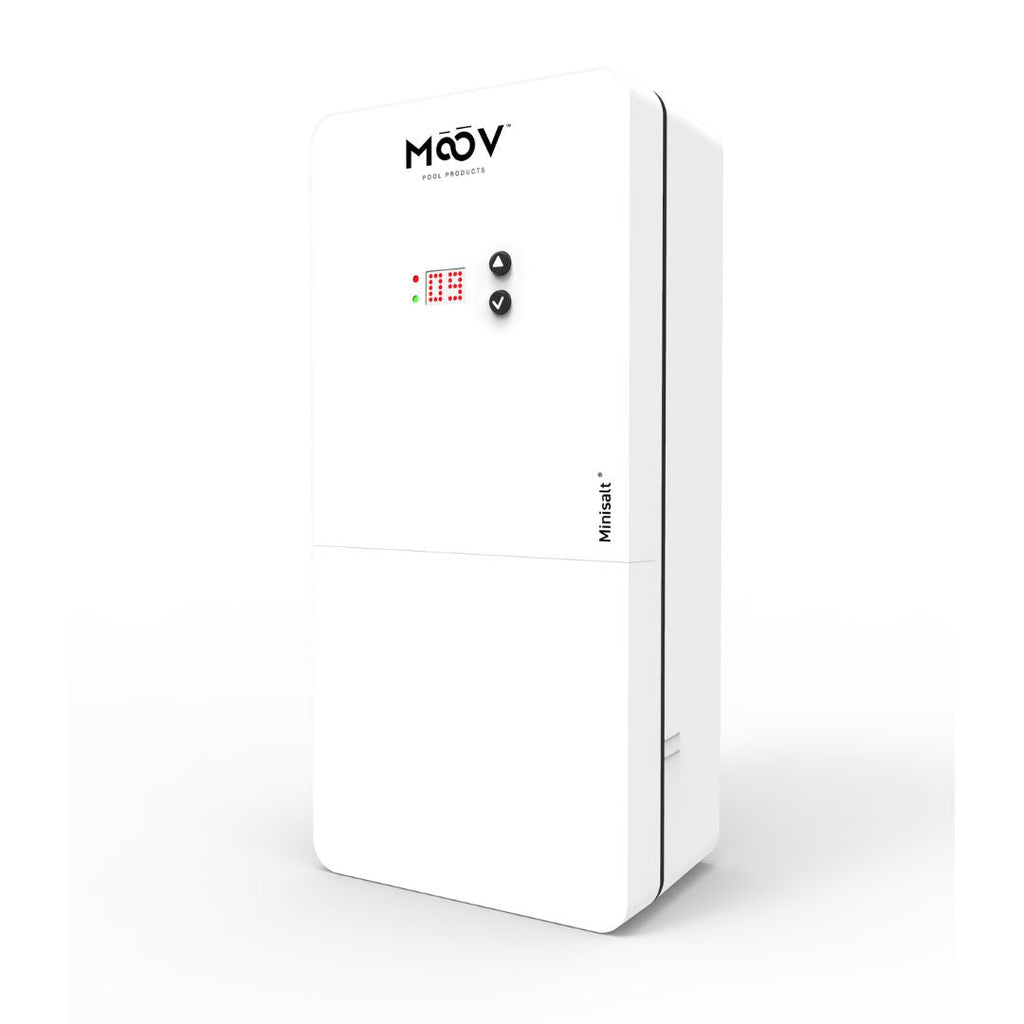 A white rectangular Moov Mini Salt Chlorine Generator by Swimming Pool Discounters, with a digital display and two buttons—ideal for above or inground pools up to 25,000 gallons—shown against a plain white background.