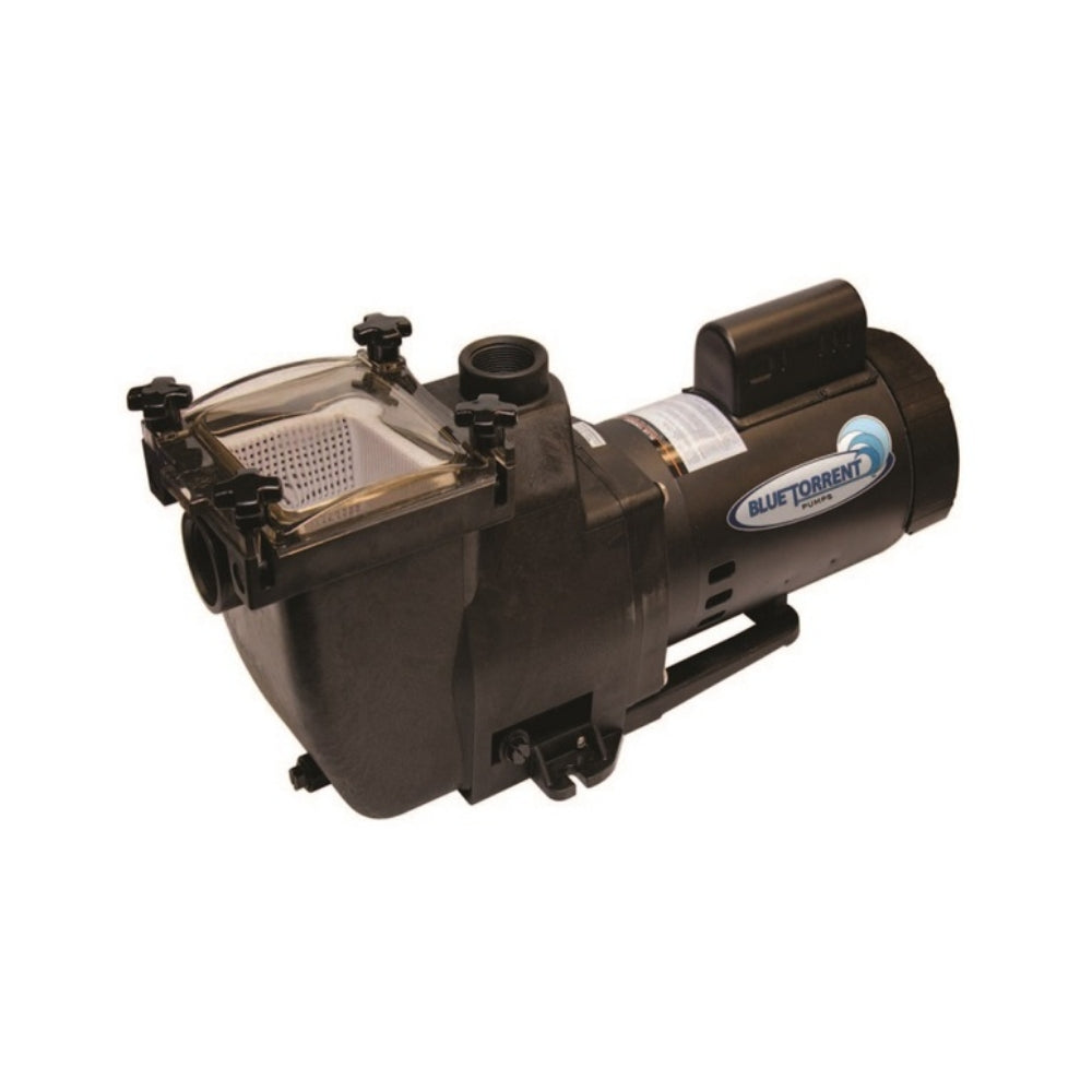 The SPD 1.5 HP Blue Torrent Typhoon In-Ground Pool Pump features a black and gray design with a clear lid and visible basket, perfect for pool circulation and filtration—an ideal replacement for Hayward Super Pump models.