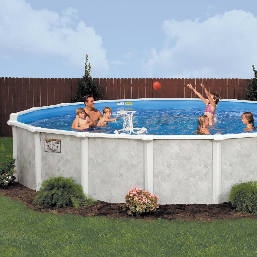 Four children and an adult enjoy the Lomart 8' x 52" Grey Mist Steel Frame Round Pool in a grassy backyard; two girls shoot hoops while two boys and an adult watch, with flowers and a wooden fence in the background.