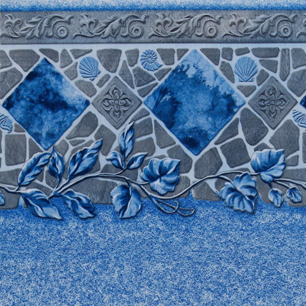 The Lomart Upgrade to 15ft x 30ft Oval Athena II Snap-Fast 20 mil. Liner with Track features a blue and gray tile pattern, large blue diamonds, seashell and floral accents, and a leafy vine along the bottom on a textured background.