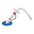 The Lomart Patriot Automatic Pool Vacuum is a white and blue cleaner with a flexible hose, designed for above-ground pool floors and walls. Its base has a round blue brush for scrubbing surfaces.