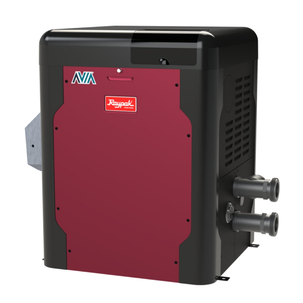 The 264,000 BTU Raypak Avia Natural Gas Pool Heater from Swimming Pool Discounters features Wi-Fi smart control, a red front panel, black exterior, top control display, and dual right-side pipe connections for easy automation.