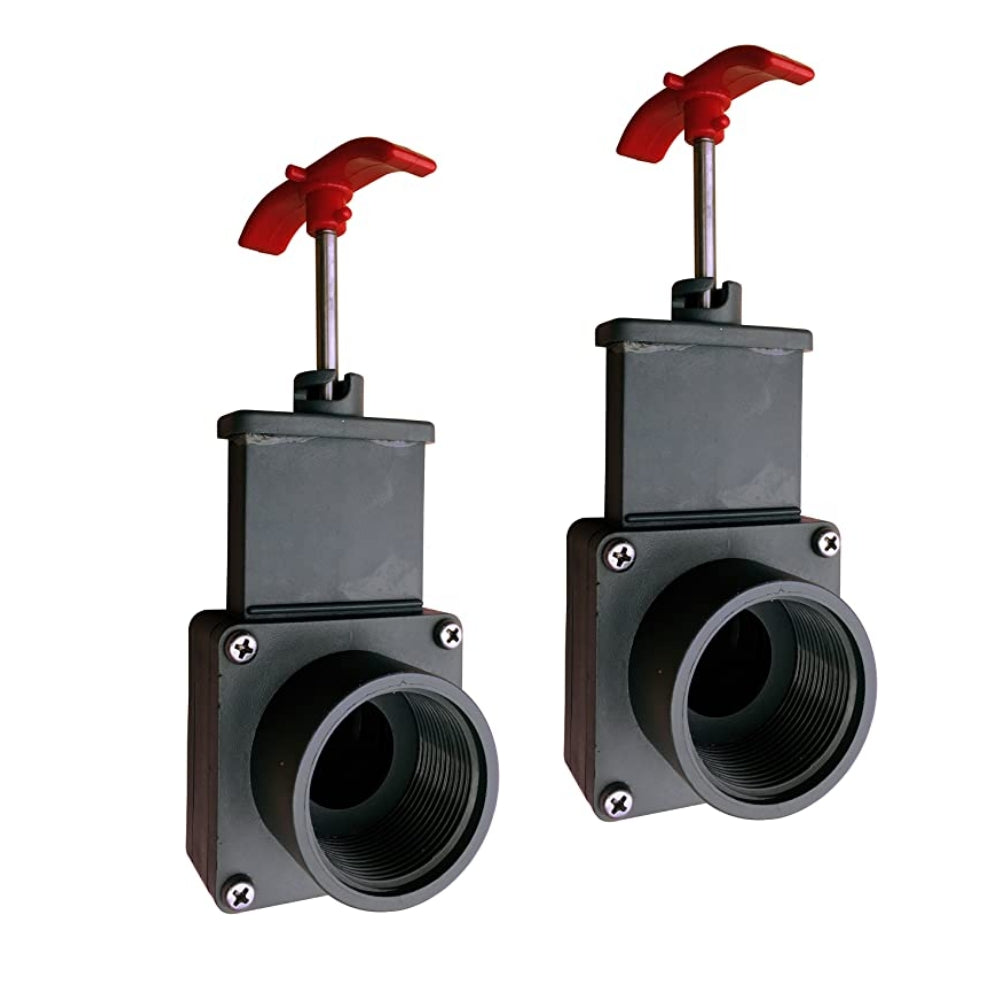 The SPD Slice Valve 2-Pack features two black plastic gate valves with 1.5-inch threads and red T-shaped handles, shown upright on a white background—ideal shut-off valves for above-ground pools.