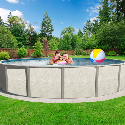 Three people smile and play in the SPD 24' X 54" Resin Guard Hybrid Salt Round Pool in a backyard, with a colorful beach ball nearby and trees in the background.
