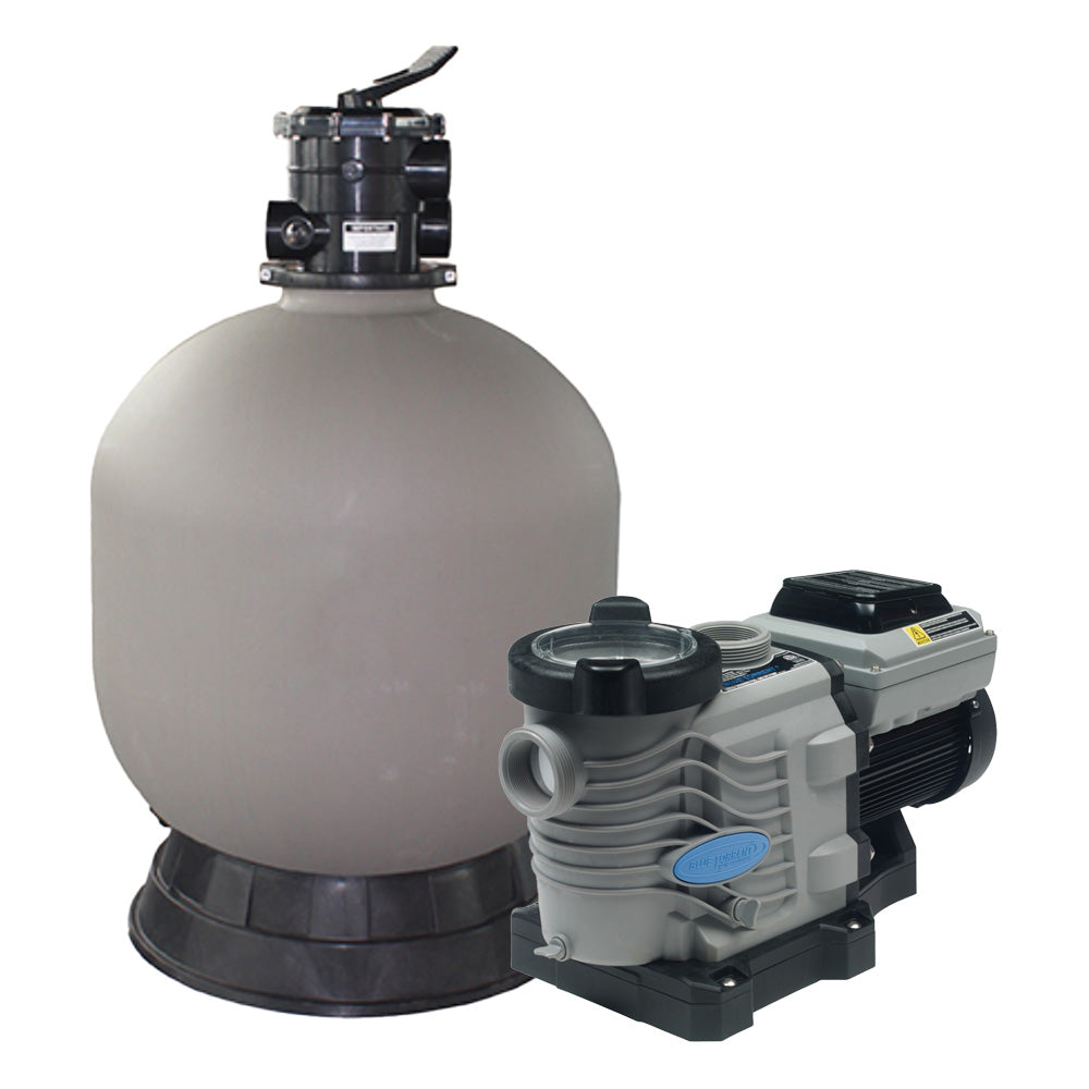 The SPD 19 in. Sand Man Sand Filter System with a 2.0 HP Variable Speed Pump features a large, round sand filter with a black top valve beside the gray and black pump, shown on a white background.