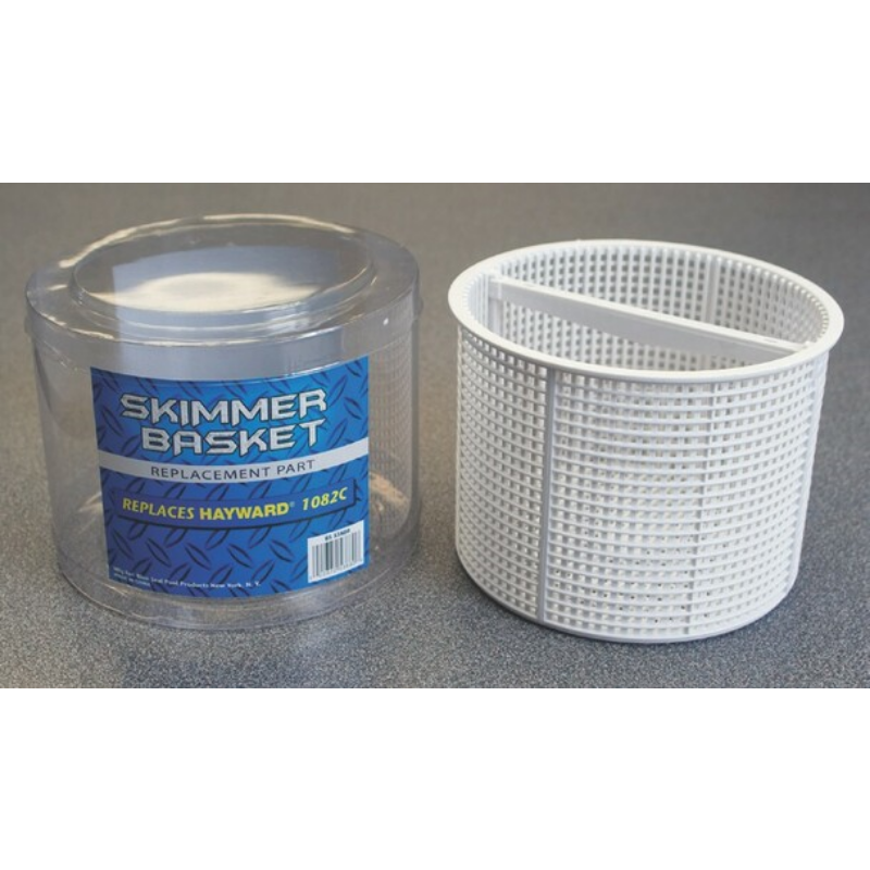 A white SPD Skimmer Strainer Basket for Hayward IG #1082C sits beside its clear packaging labeled "Skimmer Basket Replacement Part" on a gray surface.