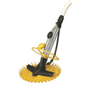 The SPD Trident (Suction Side) Auto Pool Cleaner features a flexible hose, yellow serrated circular base, and black-silver body, designed for in-ground pools and efficient debris removal from swimming pool floors.