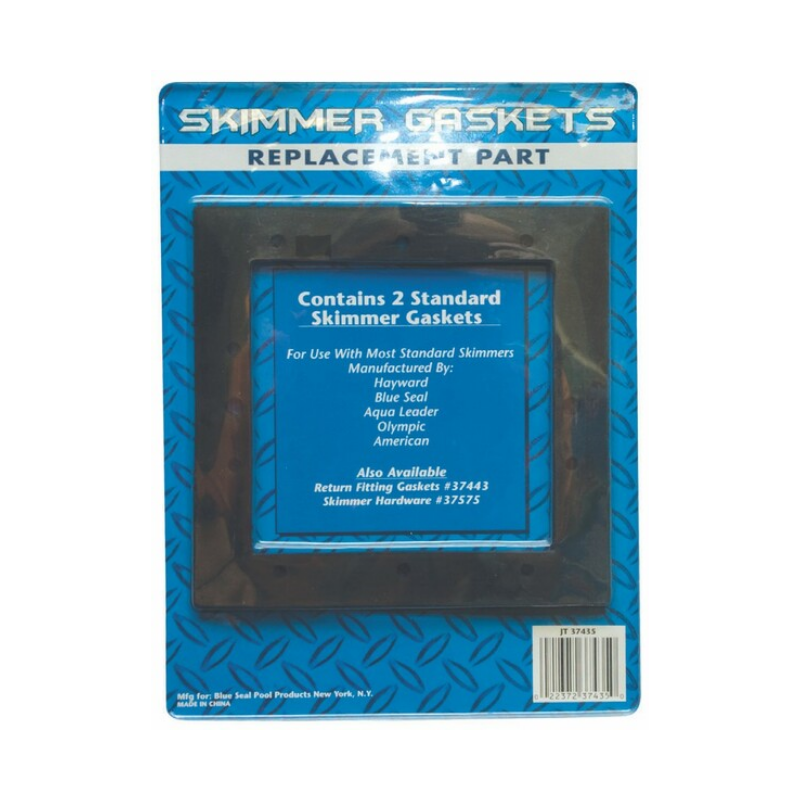 A blue SPD package labeled "Universal Standard Skimmer Gasket (2-pack) Hayward SP 1090E" contains two black rectangular gaskets and lists compatible brands and other available replacement parts on the packaging.