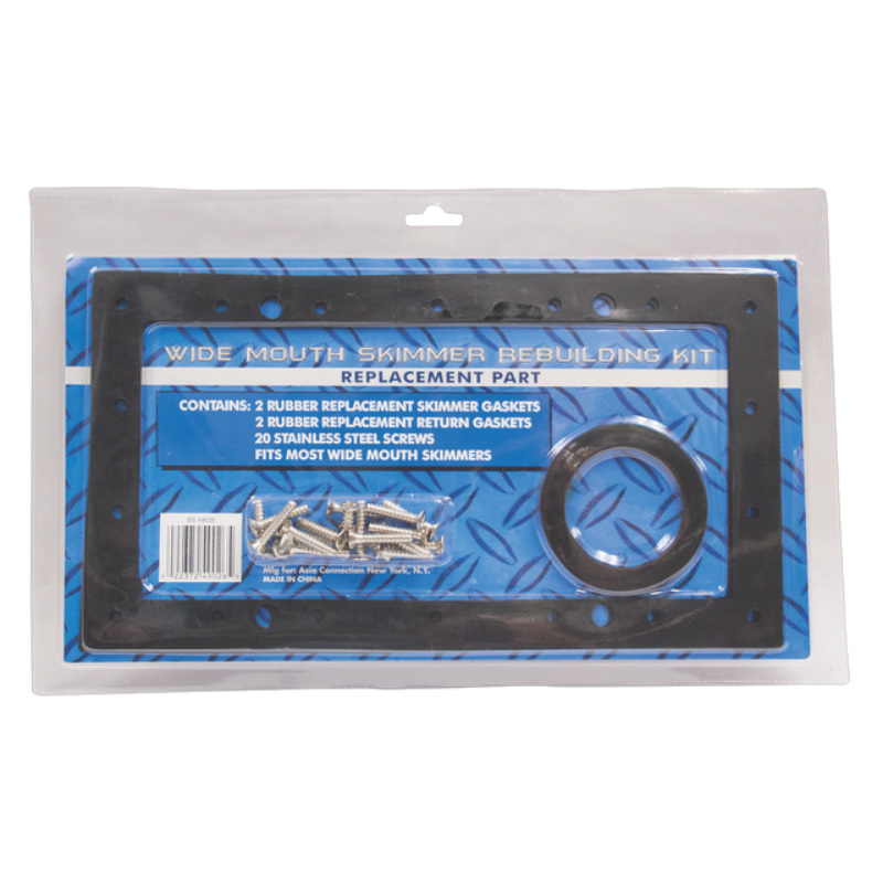 The SPD Universal Widemouth Skimmer Rebuilding Kit comes in clear packaging with a blue label and includes replacement round and rubber gaskets plus metal screws, with contents and usage information listed.