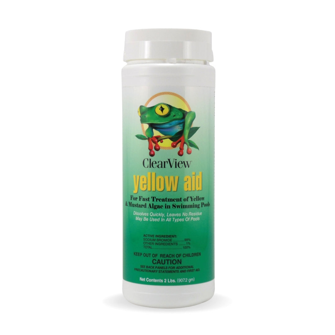 A white bottle labeled SPD Clearview Yellow Aid Algae Treatment (2 lbs) stands against a green background with a frog illustration. This sodium bromide formula targets yellow and mustard algae in swimming pools.