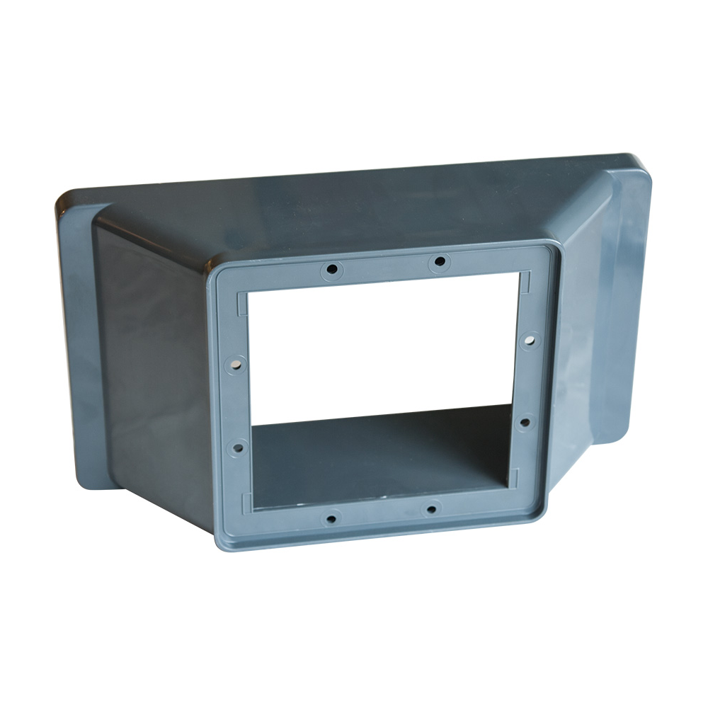 SPD Widemouth Skimmer Adaptor for Hydromatic Pre-Filter: gray rectangular plastic electrical box extender with square front opening, six screw holes, and angled sides. Similar function to a standard Widemouth Skimmer Adapter. Isolated on white background.